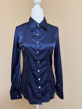 Women's Satin Button-Down Shirt in Navy